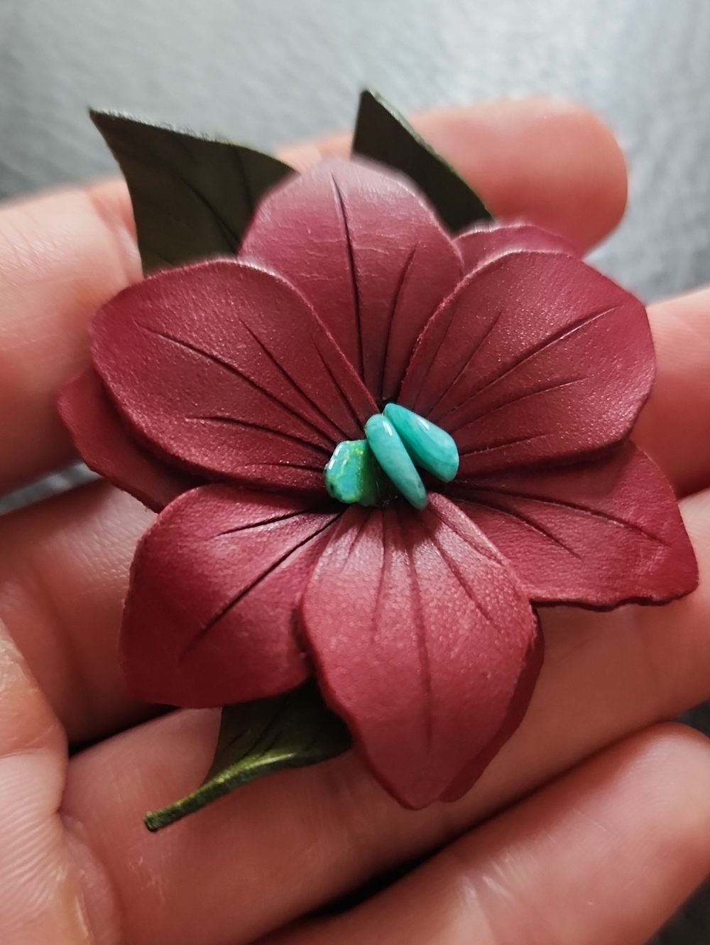 Handcrafted Red Flower Brooch with Turquoise Accent - Women Jewelry